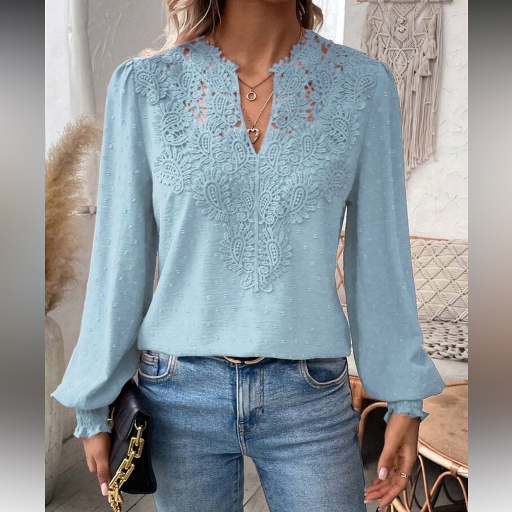 Elegant Blue Swiss Dot Lace Blouse